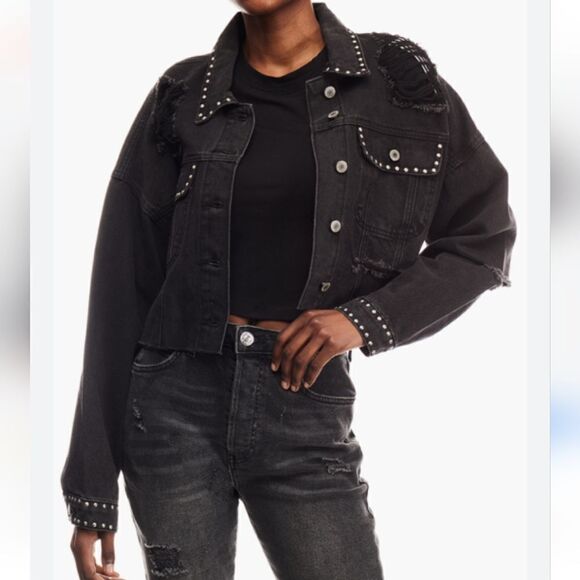 Cropped Distressed & Studded Black Jean Jacket Size XS Oversized - Picture 1 of 16